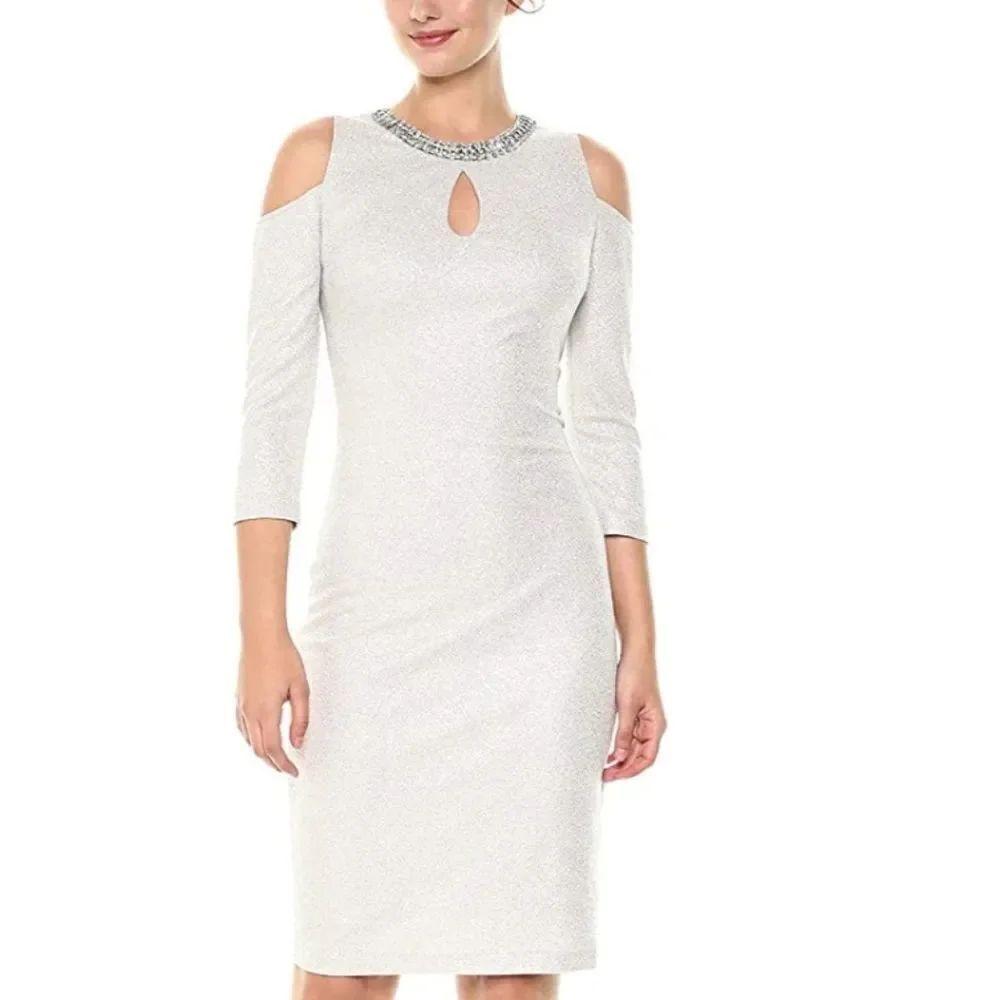 BNW MELROSE SOCIAL KEYHOLE METALLIC KNIT MIDI3/4 SLEEVE COLD SHOULDER DRESS